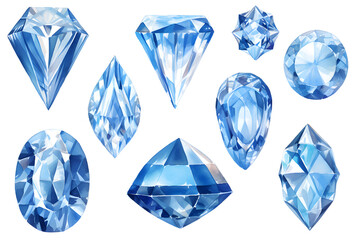 Watercolor crystal gems set. Hand drawn illustration isolated on white background