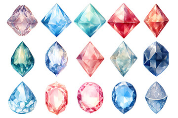 Watercolor crystal gems set. Hand drawn illustration isolated on white background