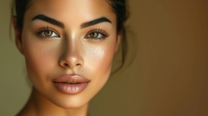 Naklejka premium Hispanic Latina woman with glowing skin and soft makeup