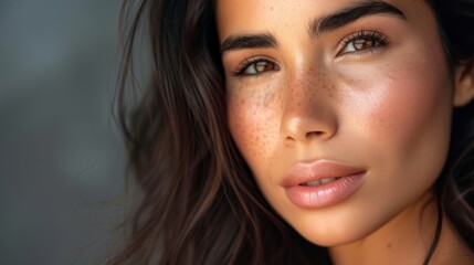 Obraz premium Hispanic Latina woman with glowing skin and soft makeup