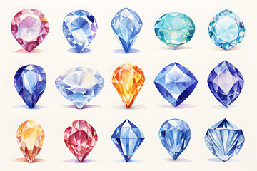 Watercolor crystal gems set. Hand drawn illustration isolated on white background