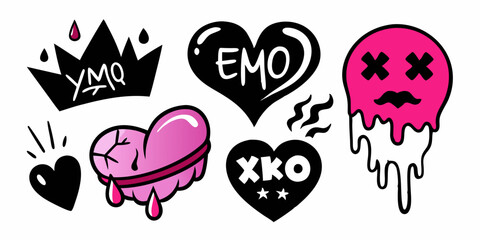 Heart tattoo emo sticker set, vector gothic graffiti love icon kit, black Valentine Day girly print. Liquid romantic silhouette, rock dripping romance sign, splash drops. Heart tattoo y2k collection 