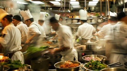 A glimpse into restaurant life: chefs bustling, crafting dishes, and creating a thrilling culinary symphony.