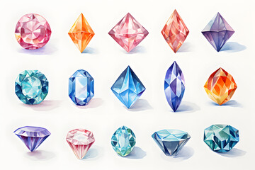 Fototapeta premium Watercolor crystal gems set. Hand drawn illustration isolated on white background
