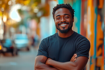 A man with a big smile on his face is standing on a street. He is wearing a black shirt and has his arms crossed.