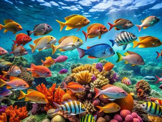 Naklejka premium Vibrant tropical fish of various species swim together in harmony amidst the coral reef in the crystal-clear turquoise waters of the Philippine Sea.