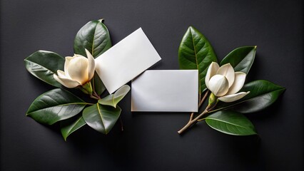 Fototapeta premium Elegant business card mockup featuring crisp white cards and delicate magnolia leaves on a sleek black background, perfect for corporate design and branding projects.