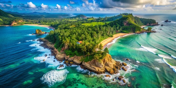 Breathtaking aerial view of Cape Dondra, Sri Lanka's southernmost point, showcasing turquoise waters, lush green forests, and rugged coastline amidst dramatic cliff formations.