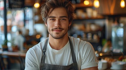 Obraz premium A handsome young man standing alone inside his restaurant during the day. space for text. Generative AI.