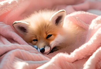 Obraz premium Adorable Baby Fox Resting in Bed Covered in Blankets - Perfect for Nursery Decor, Kids' Rooms, and Whimsical Art
