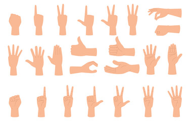 Hands poses. SET of hand gestures isolated over the white background. Various gestures of hands. Hands facing down and hands facing up. Vector illustration flat design style