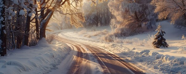 Snow-Covered Road Winding Through a Frosty Forest at Sunset