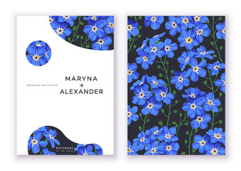 Floral wedding invitation template design, save the date, invitation navy card collection with blue forget-me-not flowers. Vector fashion cover, graphic poster, geometric floral brochure design 