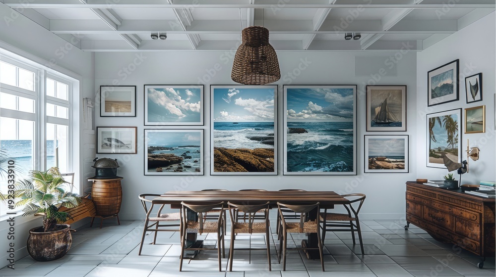 Poster a gallery wall of paintings in different sizes and frames, with an ocean theme, were displayed on th