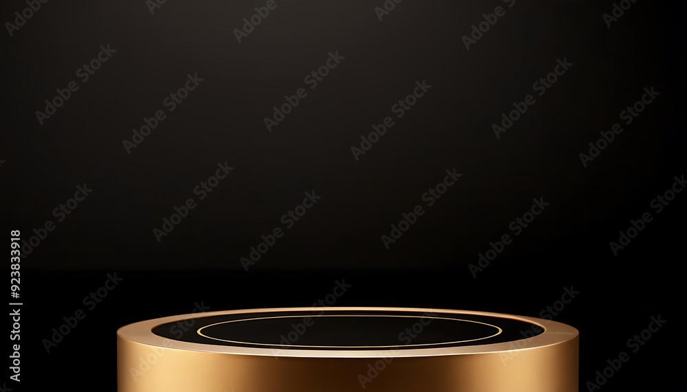 Fototapete luxury black with glossy shiny gold rim round winner podium on background with spotlight. mock up te