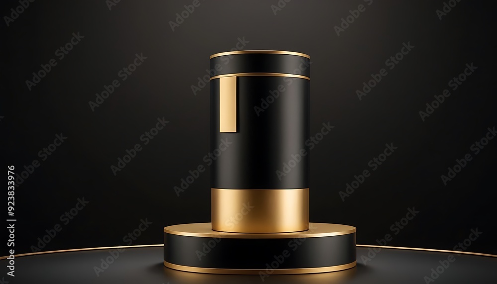 Fototapete luxury black with glossy shiny gold rim round winner podium on background with spotlight. mock up te