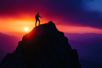 Fototapeta premium An adventurous climber celebrates at the mountain summit as the vibrant sunset casts stunning colors across the sky and landscape