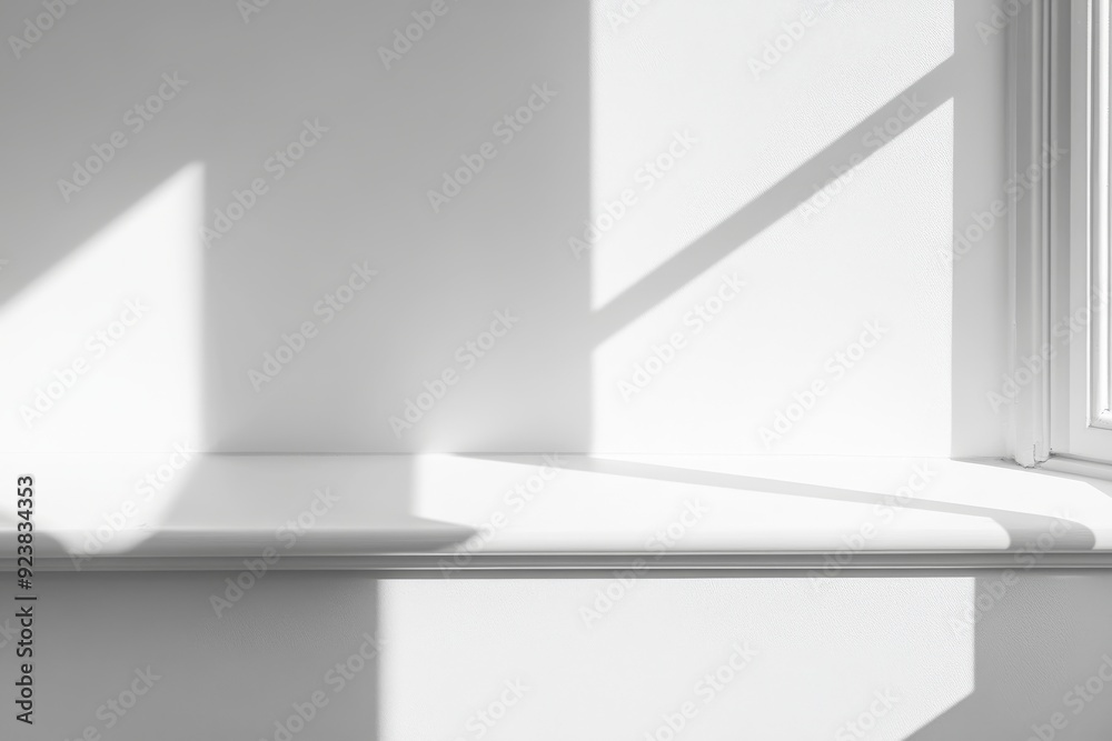 Poster a close view of a white window frame with soft shadows gently cast on a plain white wall, creating a