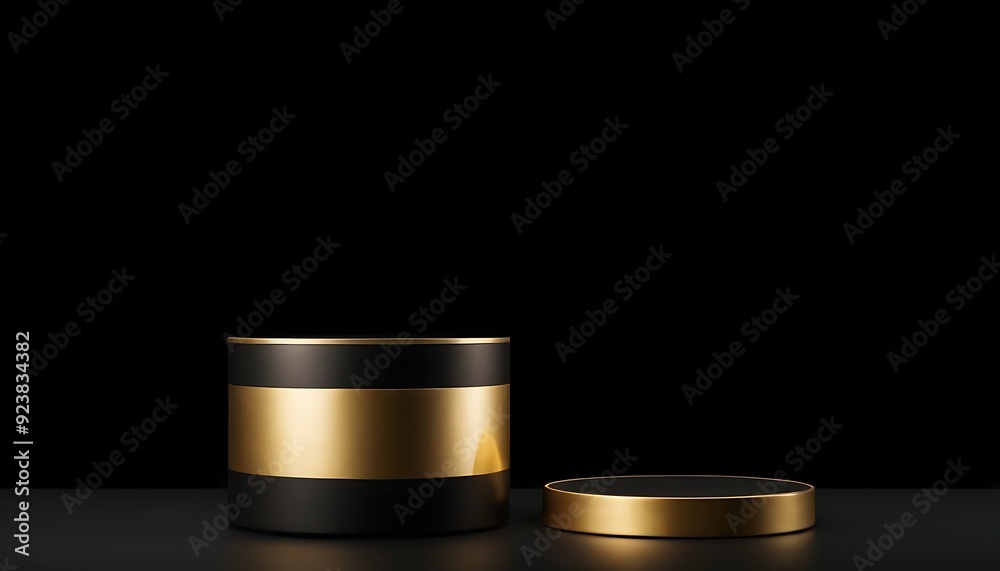 Fototapete luxury black with glossy shiny gold rim round winner podium on background with spotlight. mock up te
