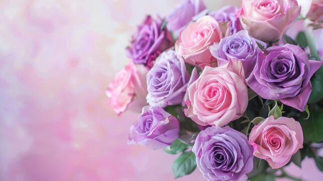 Pink and purple roses bouquet on natural background with space for customization