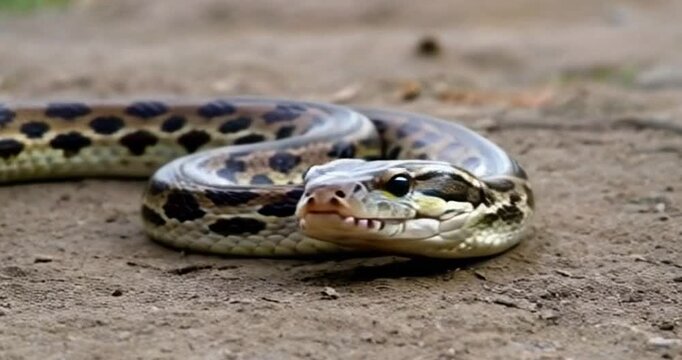 Close-up of a beautiful ringed python slithering across the ground in a natural habitat