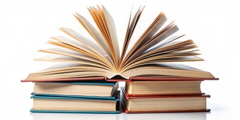 Naklejka premium Stacked hardcover books with fanned pages against a clean white background, evoking a sense of knowledge and learning, perfect for back to school or education themes.