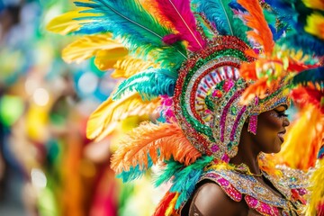 Performers in elaborate costumes and vibrant feathers dance joyfully during Rio de Janeiro's Carnival street festival, capturing the spirit of celebration and culture
