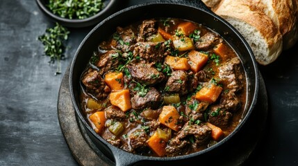 A mouthwatering beef stew presented in a black skillet, featuring tender chunks of meat, potatoes, and carrots, garnished with fresh herbs, beside a slice of bread.