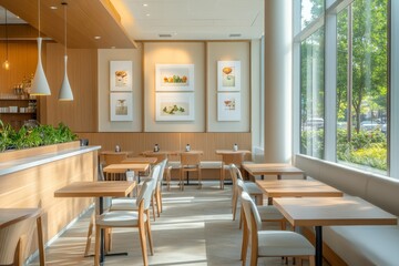 Fototapeta premium The stylish bistro showcases elegant light wood accents, modern furnishings, and vibrant art on the walls, inviting guests to enjoy a relaxed dining experience
