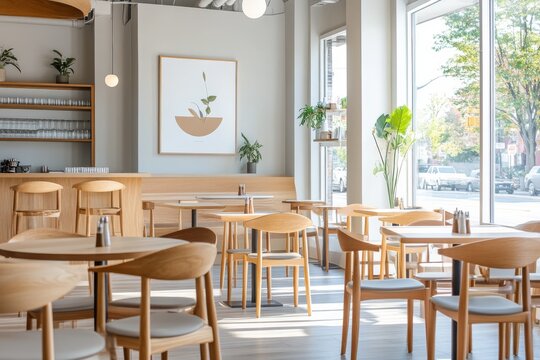 Chic bistro interior showcases light wood furnishings and natural light pouring in through large windows, creating a relaxed dining atmosphere