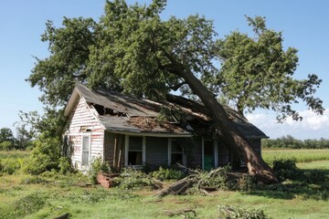 Dramatic Scene of a House Collapsed Under a Tree Toppled by Tornado-Forced Gusts, Illustrating the Power of Nature's Fury.