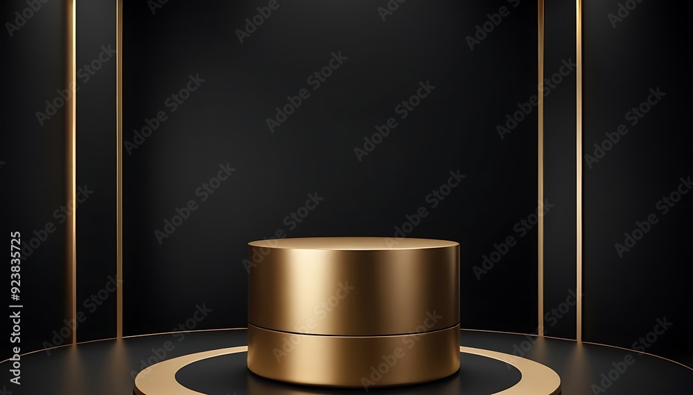 Fototapete luxury black with glossy shiny gold rim round winner podium on background with spotlight. mock up te