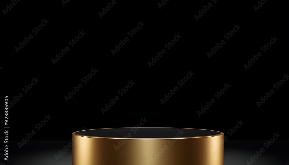 Fototapete luxury black with glossy shiny gold rim round winner podium on background with spotlight. mock up te