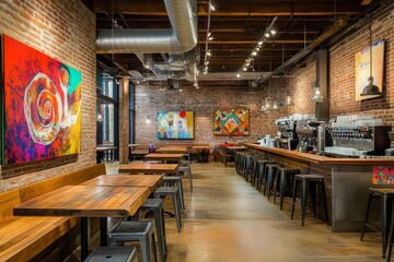 Fototapeta premium Interior photo of a trendy café with exposed brick walls 