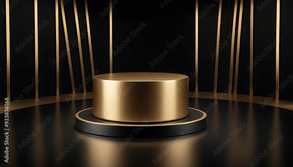 Fototapete luxury black with glossy shiny gold rim round winner podium on background with spotlight. mock up te