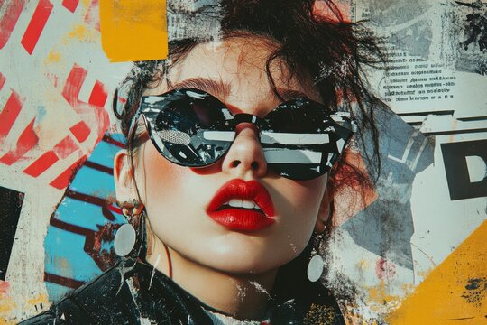 A striking portrait features a model in oversized sunglasses, showcasing a blend of punk rock aesthetics against a vibrant, textured background