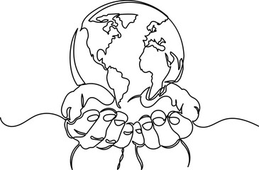 Continuous line drawing of earth vector.single-line globe world map vector illustration.hands holding Earth globe.