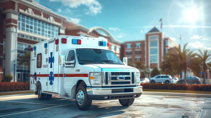 An ambulance parked in front of a hospital on a bright sunny day, with the emergency room entrance visible in the background, emphasizing healthcare services. Generative AI.