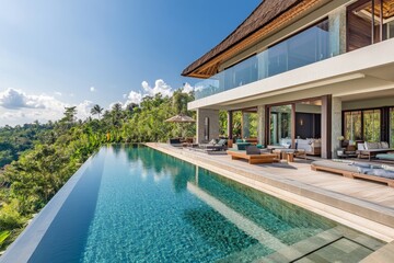 Fototapeta premium A modern villa in Bali showcases a stunning infinity pool and spacious outdoor deck, surrounded by vibrant greenery under a clear blue sky