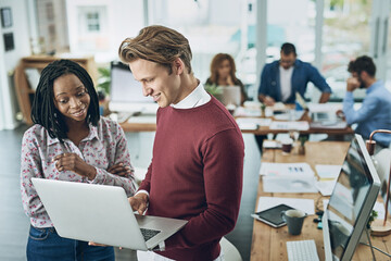 Employees, talking and laptop for editing in office, manager helping and internship advice. Staff,...
