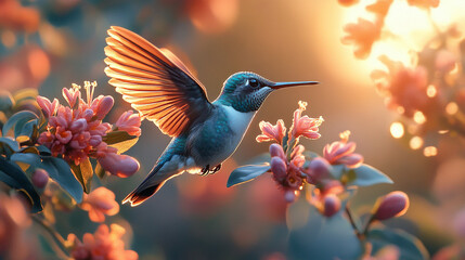 Obraz premium A colorful hummingbird hovering near a vibrant flower