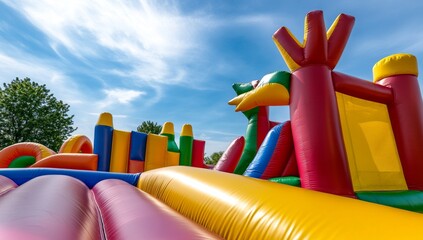 Colorful inflatable bouncy castle with the top open for kids to play in and around it
