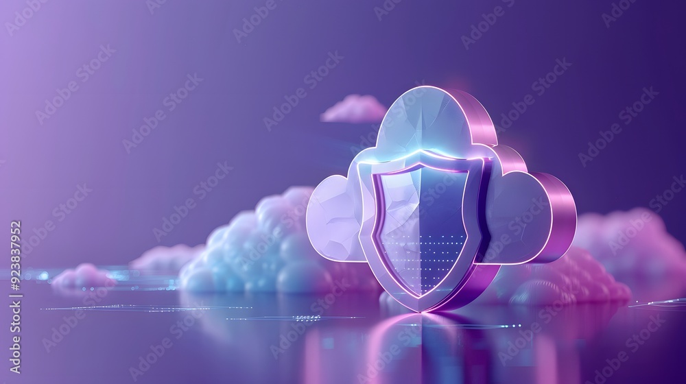 Poster 3d shield in the cloud concept showing cloud computing security. futuristic design with a shield hig