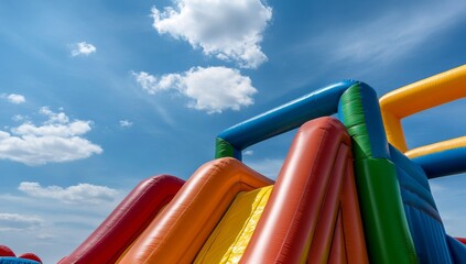 Colorful inflatable bouncy castle with the top open for kids to play in and around it