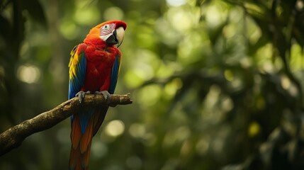 Obraz premium A vibrant macaw perched gracefully on a branch. This stunning image captures the colors of nature, showcasing wildlife in its natural habitat. Ideal for nature lovers and art enthusiasts. AI