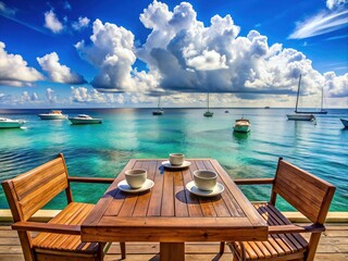 Fototapeta premium Serenene outdoor cafe setting with wooden table featuring ashtray space, overlooking turquoise ocean waters, scattered with distant boats, under a vast blue sky with puffy white clouds.