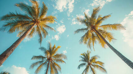 Tropical Serenity: Upward View of Palm Trees Against a Sunny Sky