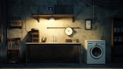 An old, grungy room with a work table, a washer, and a chair.