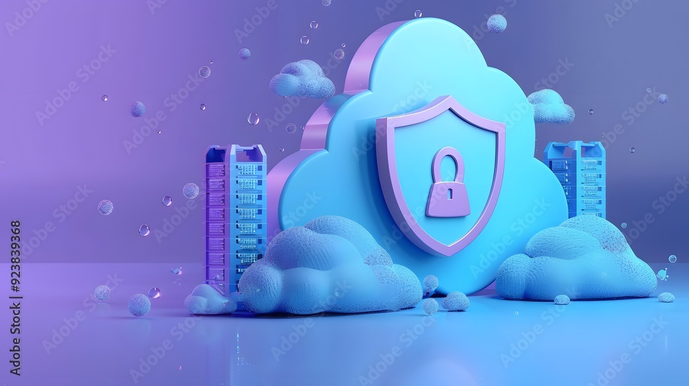 Poster cloud computing security concept with digital cloud and lock symbol, representing data protection an