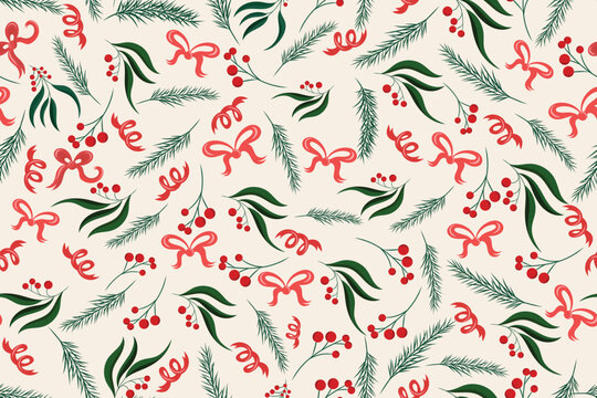 seamless pattern of pine leaves and berries